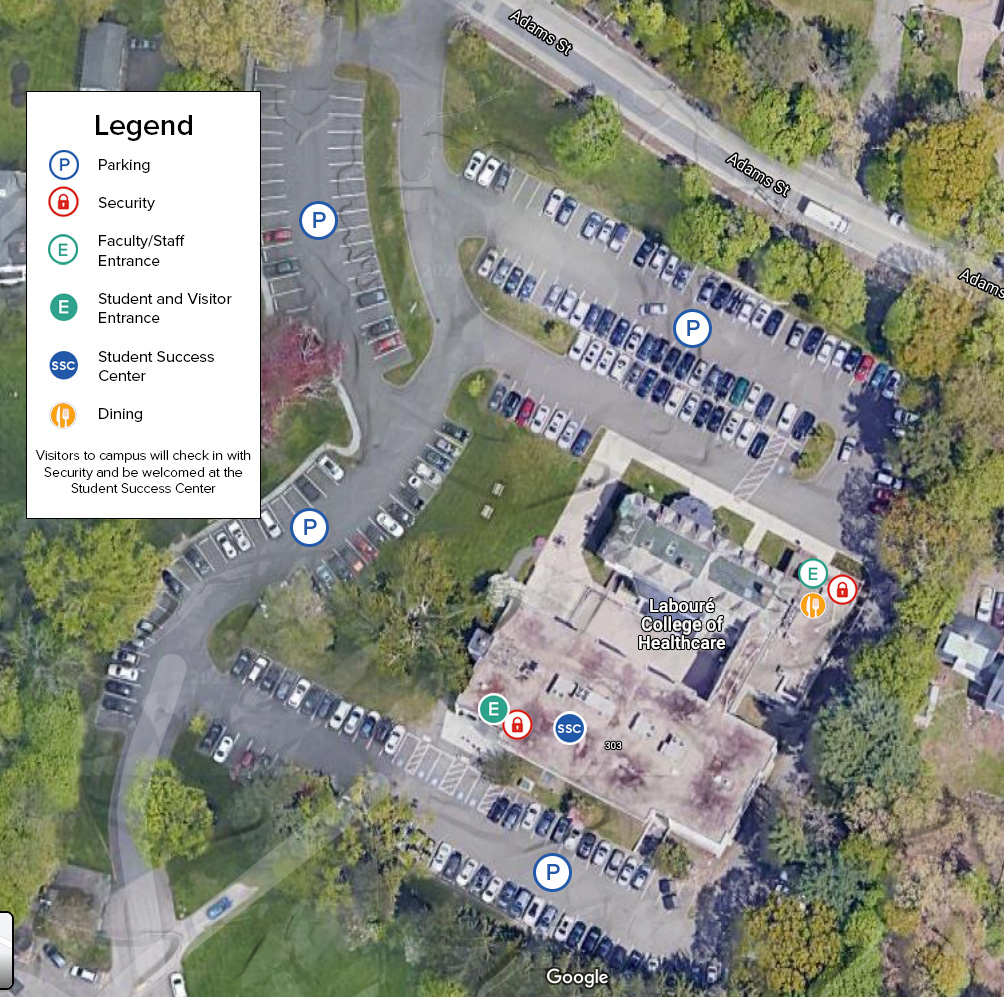 campus map showing parking, entrances, security and food